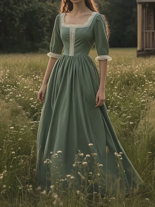 Robe longue en lin, manches 3/4, encolure carrée, à lacer, mélange de lin, verte