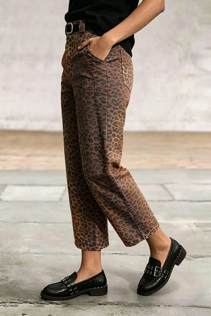 Leopard Print Seam Detail Mid Rise Straight Leg Crop Pants