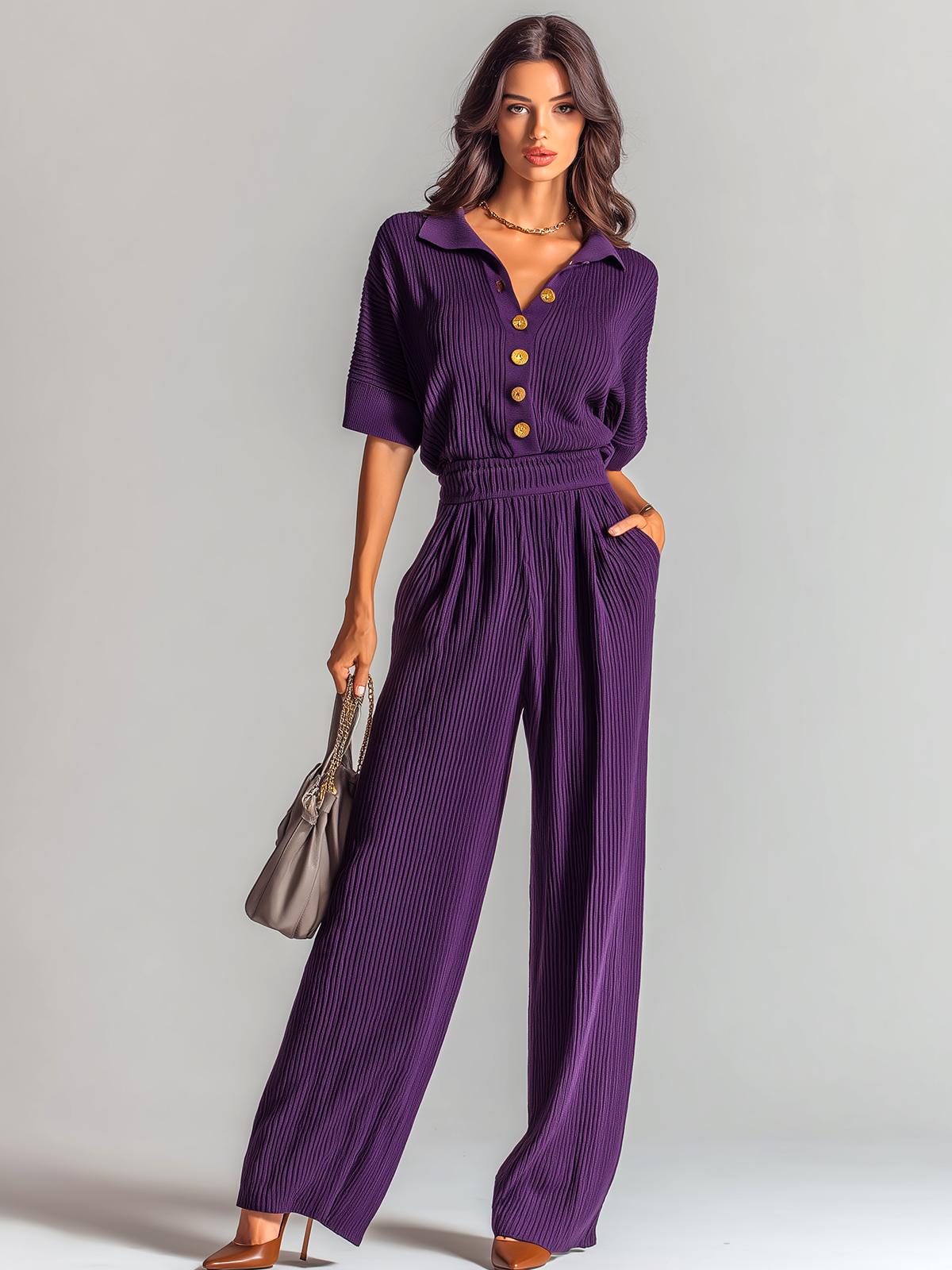 stylish Elegant Purple Short-sleeved Lapel Collar Button-Front Tailored Waist Wide-leg Knit Jumpsuit