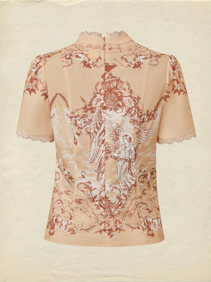 Chemise en coton, manches courtes, col officier, ange, dentelle, vintage, caramel
