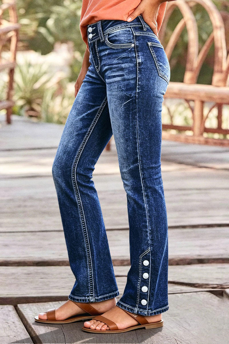 Button Detail Stitch Detail Mid Waist Bootcut Jeans