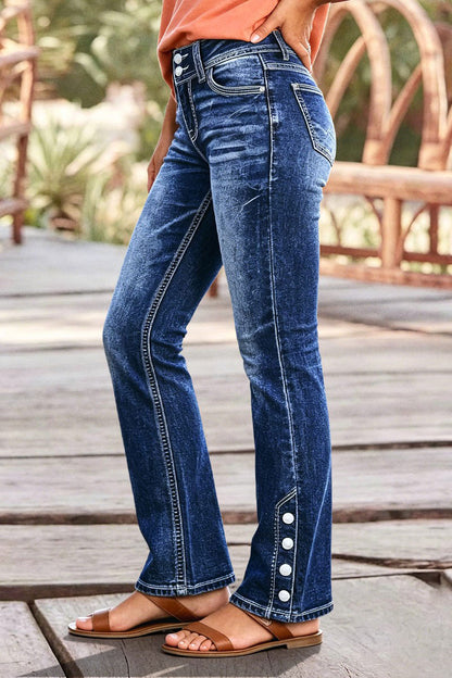 Button Detail Stitch Detail Mid Waist Bootcut Jeans