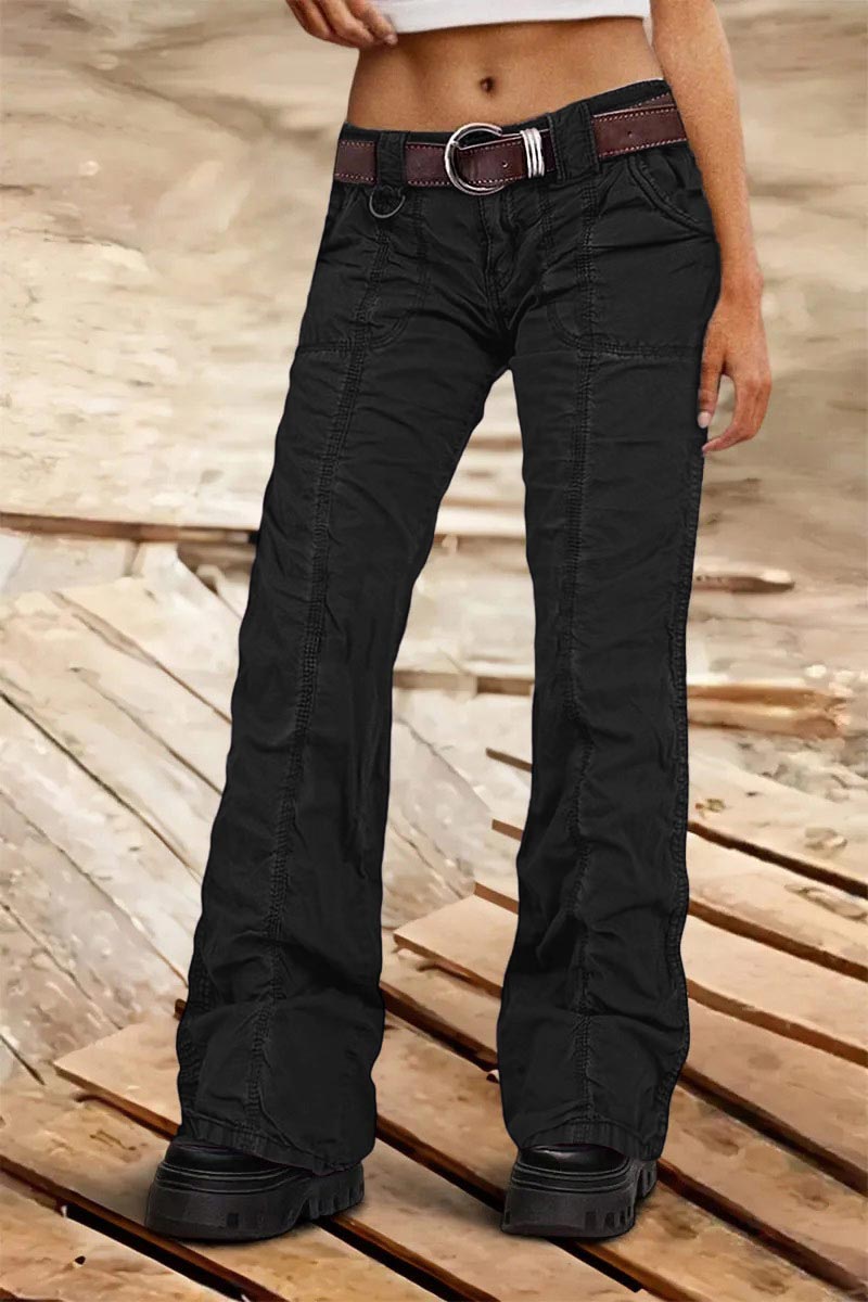 Solid Stitch Detail Mid Rise Straight Leg Cargo Pants Without Belt