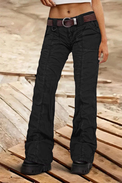 Solid Stitch Detail Mid Rise Straight Leg Cargo Pants Without Belt