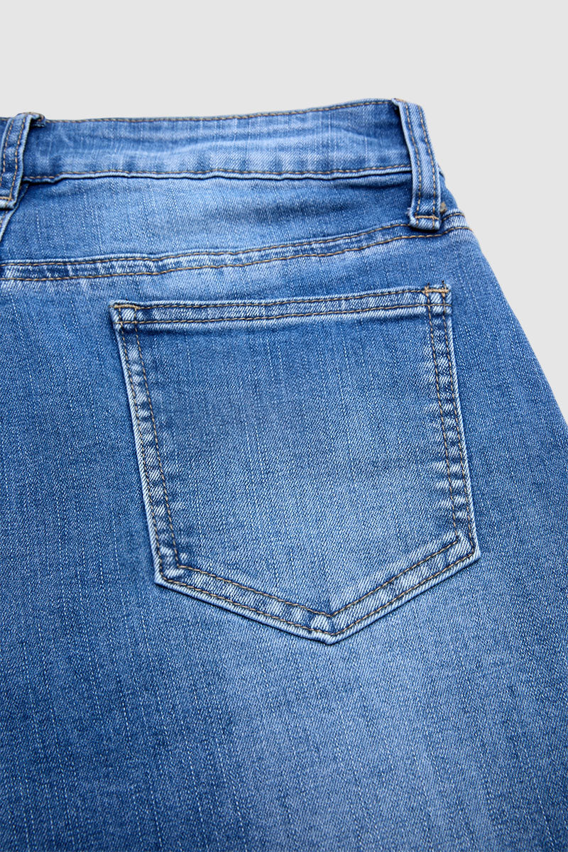 Wash Split Hollow Out Mid Waist Denim Bermuda Shorts