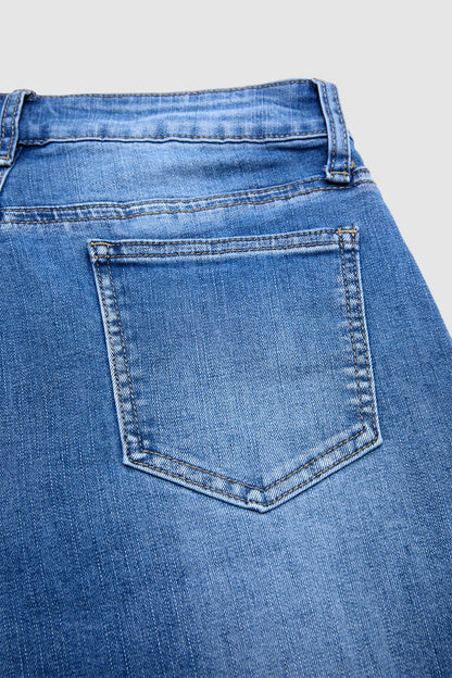 Wash Split Hollow Out Mid Waist Denim Bermuda Shorts