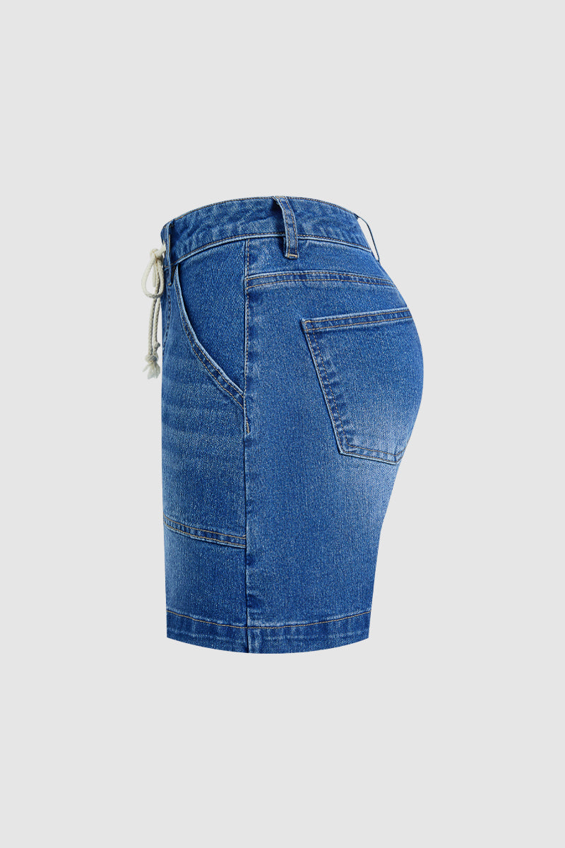 Wash Patch Pocket Drawstring High Rise Denim Shorts