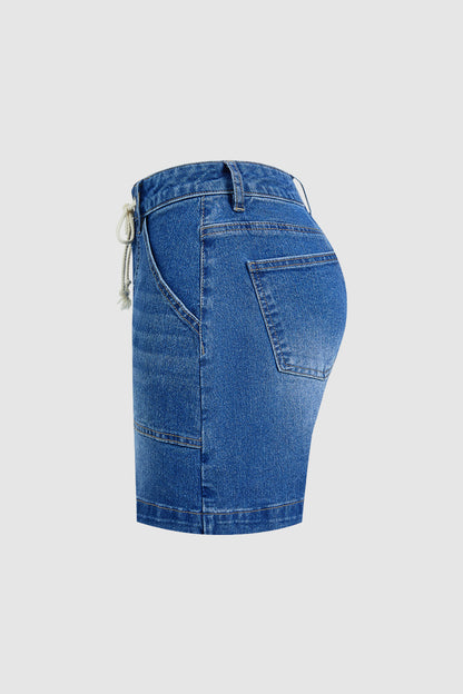 Wash Patch Pocket Drawstring High Rise Denim Shorts