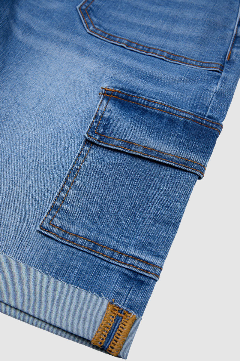 Wash Raw Hem Flap Pocket Mid Waist Denim Bermuda Shorts Without Belt