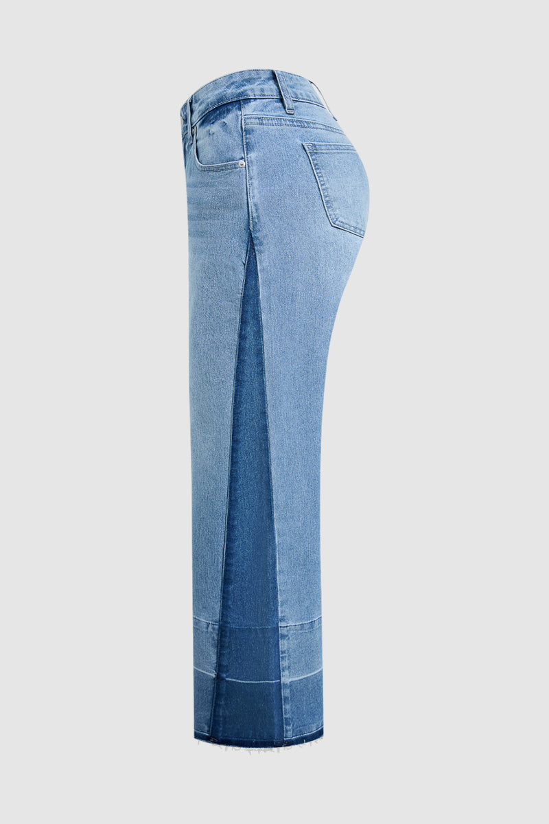 Cut & Sew Raw Hem Mid Rise Wide Leg Jeans Without Belt