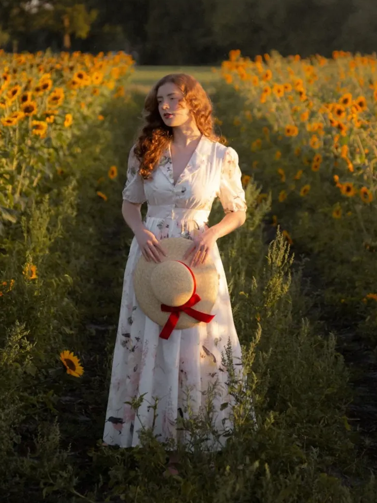 Robe longue en lin, manches ballon, col châle, fleurie, vintage, blanche