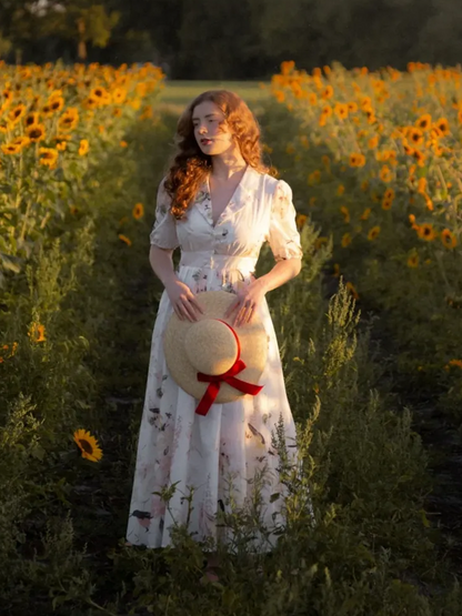 Robe longue en lin, manches ballon, col châle, fleurie, vintage, blanche