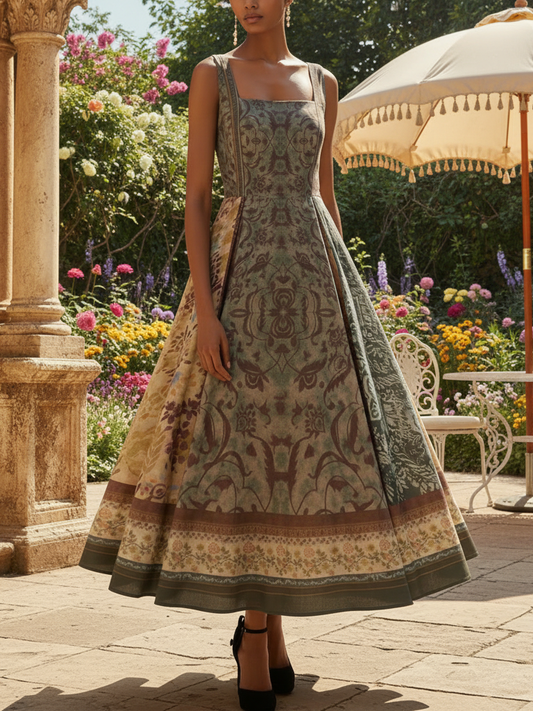 Robe longue en coton, sans manches, col carré, imprimé cachemire, fines bretelles, vacances, vintage, marron