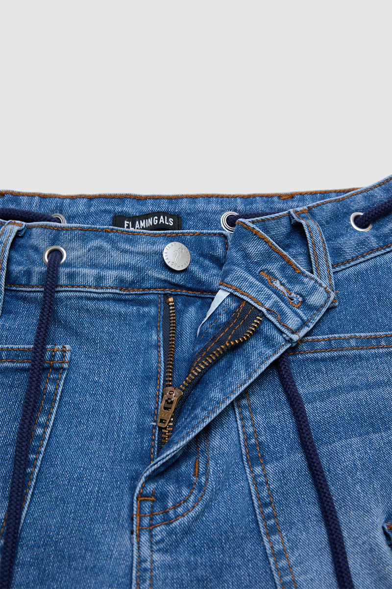 Wash Flap Pocket Drawstring High Rise Mid Thigh Denim Shorts