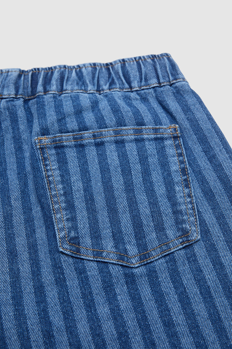 Striped Drawstring Elastic High Rise Denim Bermuda Shorts