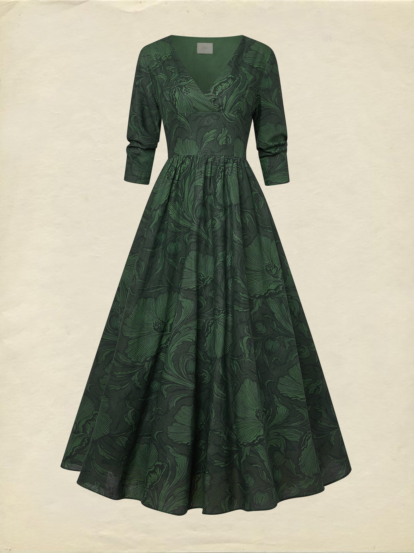 Robe longue en lin, Manches mi-longues, Col en V, Fleurie, Vacances, Vintage, Vert foncé