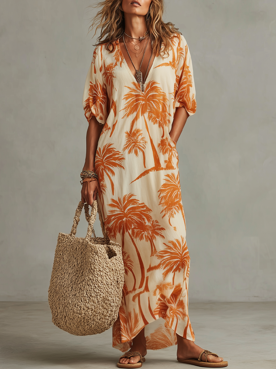 Robe longue à col en V et imprimé palmiers tropicaux