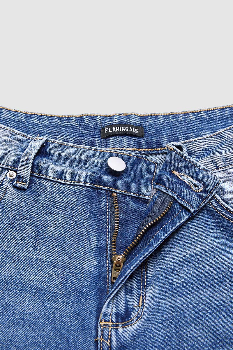 Floral Embroidery Scallop Trim Mid Rise Wide Leg Crop Jeans