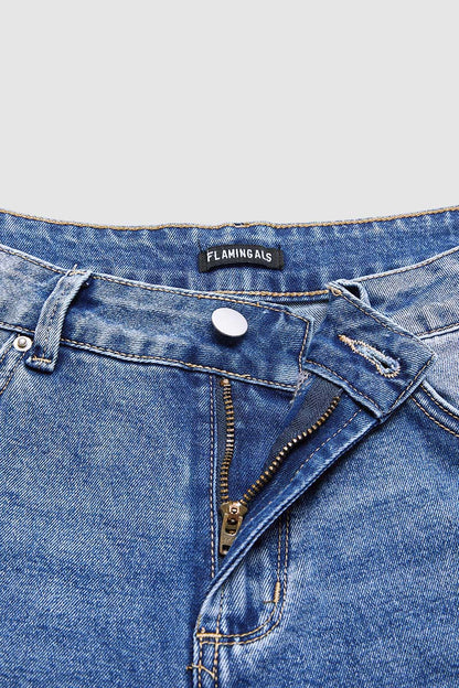 Floral Embroidery Scallop Trim Mid Rise Wide Leg Crop Jeans