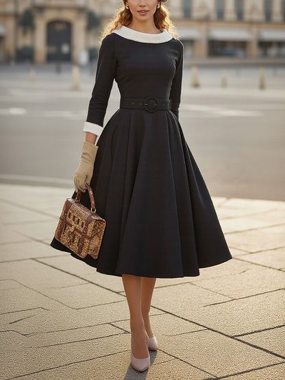 Robe en coton mi-longue, manches courtes, col rond, unie, ceinture, style vintage, noire
