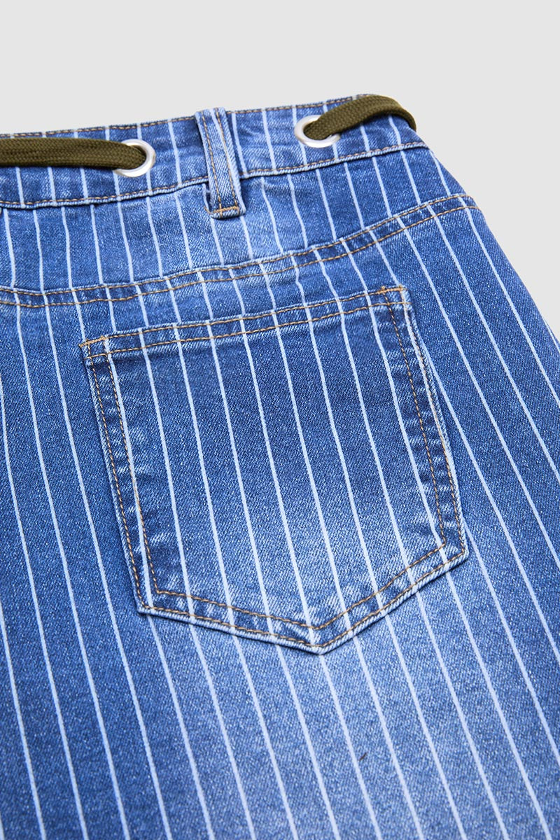 Pinstripe Drawstring Patched Pocket High Waist Straight Leg Crop Jeans