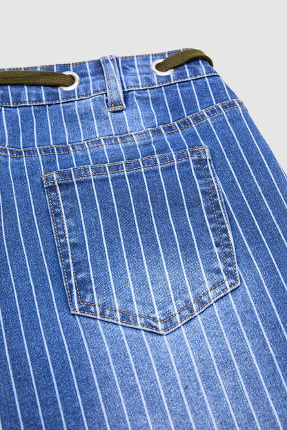 Pinstripe Drawstring Patched Pocket High Waist Straight Leg Crop Jeans