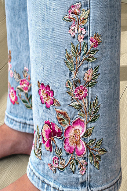Wash Floral Embroidery Mid Rise Straight Leg Jeans