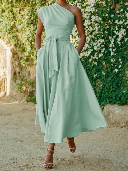 Robe longue en coton, sans manches, asymétrique (une épaule), unie, ceinture décorative, vintage, rose clair