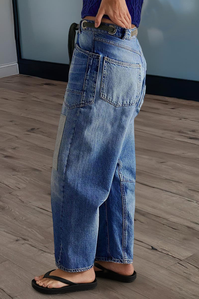 Drawstring Patch Pocket Mid Waist Barrel Leg Jeans