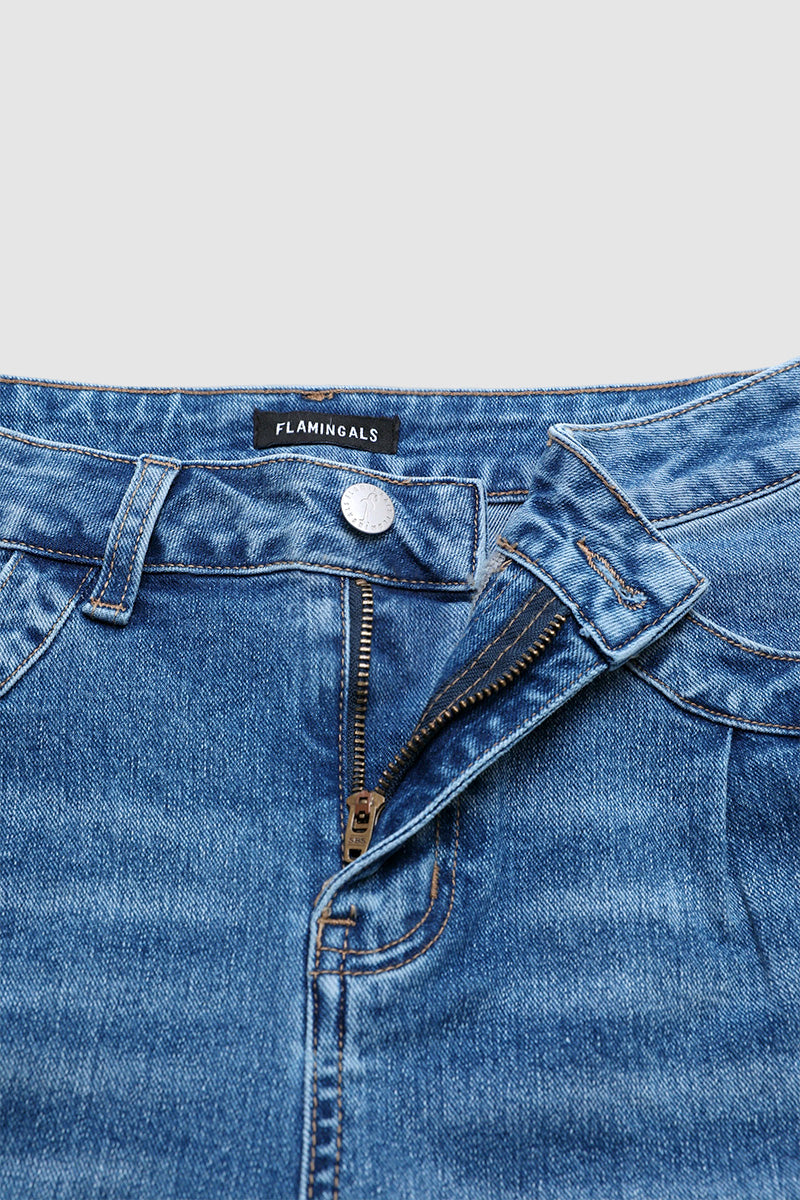 Wash Raw Hem High Waist Denim Bermuda Shorts Without Belt