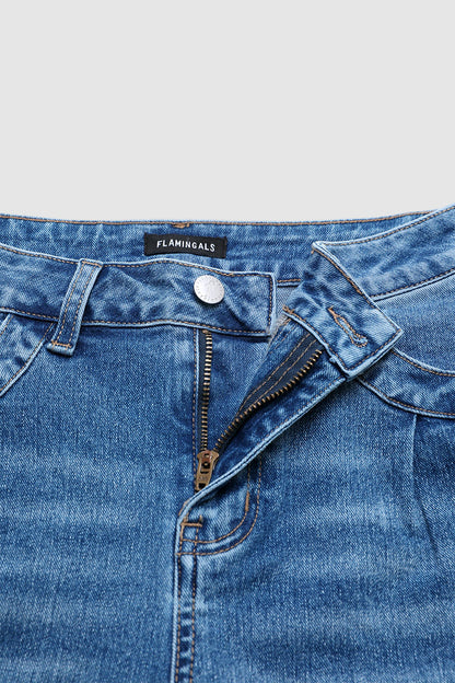 Wash Raw Hem High Waist Denim Bermuda Shorts Without Belt