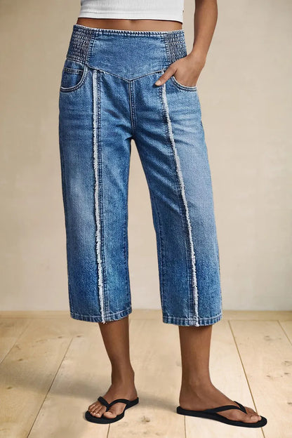 Raw Hem Elastic Mid Waist Straight Leg Capri Jeans