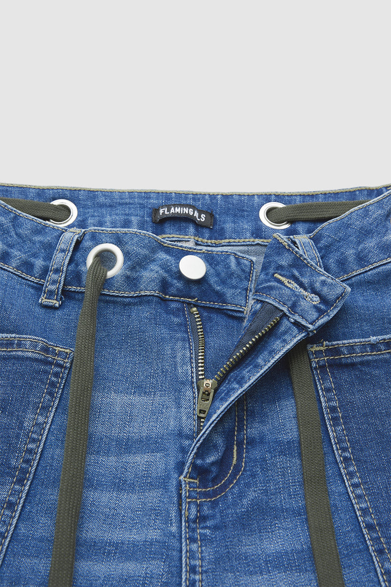 Drawstring Patch Pocket Mid Waist Barrel Leg Jeans