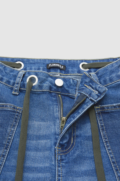 Drawstring Patch Pocket Mid Waist Barrel Leg Jeans