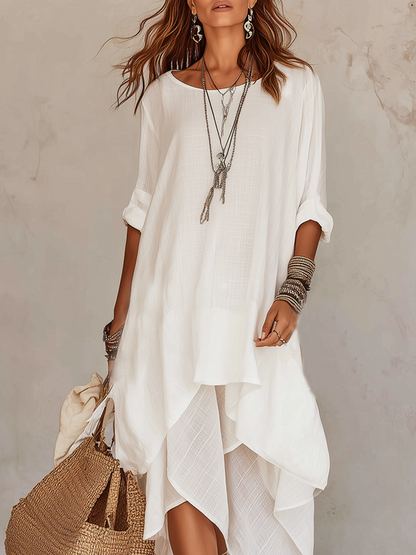 Robe asymétrique superposée bohème en lin naturel, coloris ivoire
