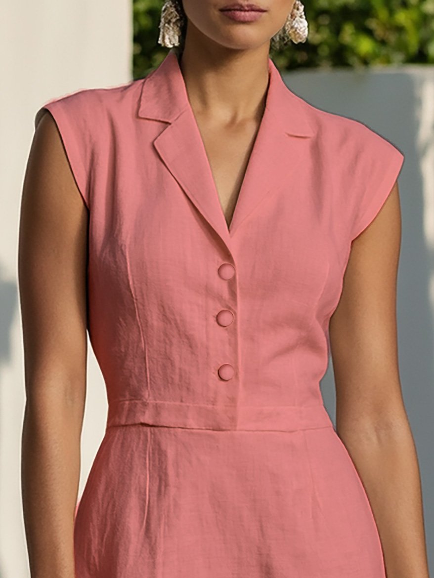 Robe longue en mélange lin-coton, manches courtes, col châle, unie, boutonnée, vintage, rose