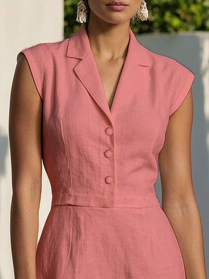 Robe longue en mélange lin-coton, manches courtes, col châle, unie, boutonnée, vintage, rose