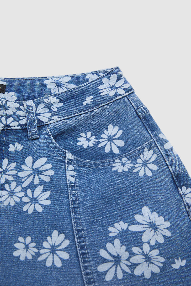 Floral Pattern Ruffle Stitch Detail Mid Waist Wide Leg Crop Jeans