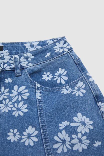 Floral Pattern Ruffle Stitch Detail Mid Waist Wide Leg Crop Jeans