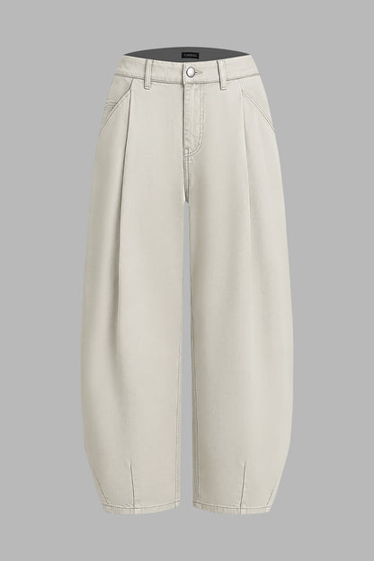 Solid Pleated Mid Rise Barrel Leg Pants Without Belt