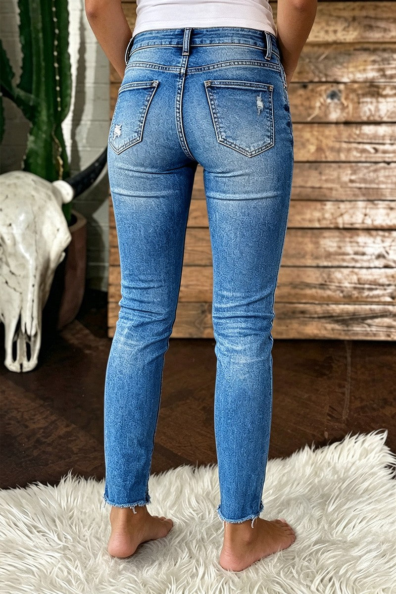 Wash Ripped Raw Hem Mid Waist Skinny Cropped Jeans