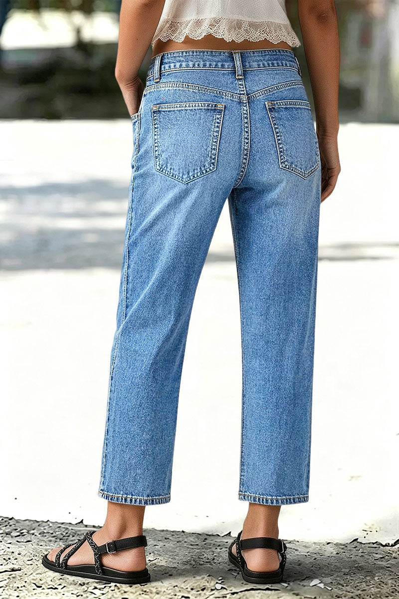 Wash Stitch Front Mid Rise Straight Leg Crop Jeans