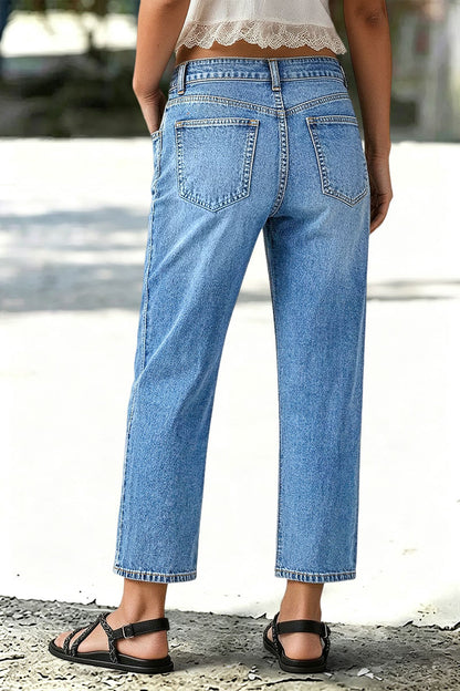 Wash Stitch Front Mid Rise Straight Leg Crop Jeans
