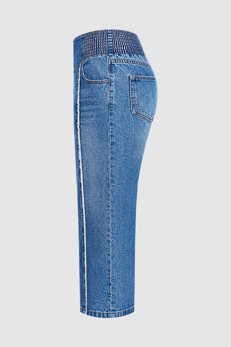 Raw Hem Elastic Mid Waist Straight Leg Capri Jeans