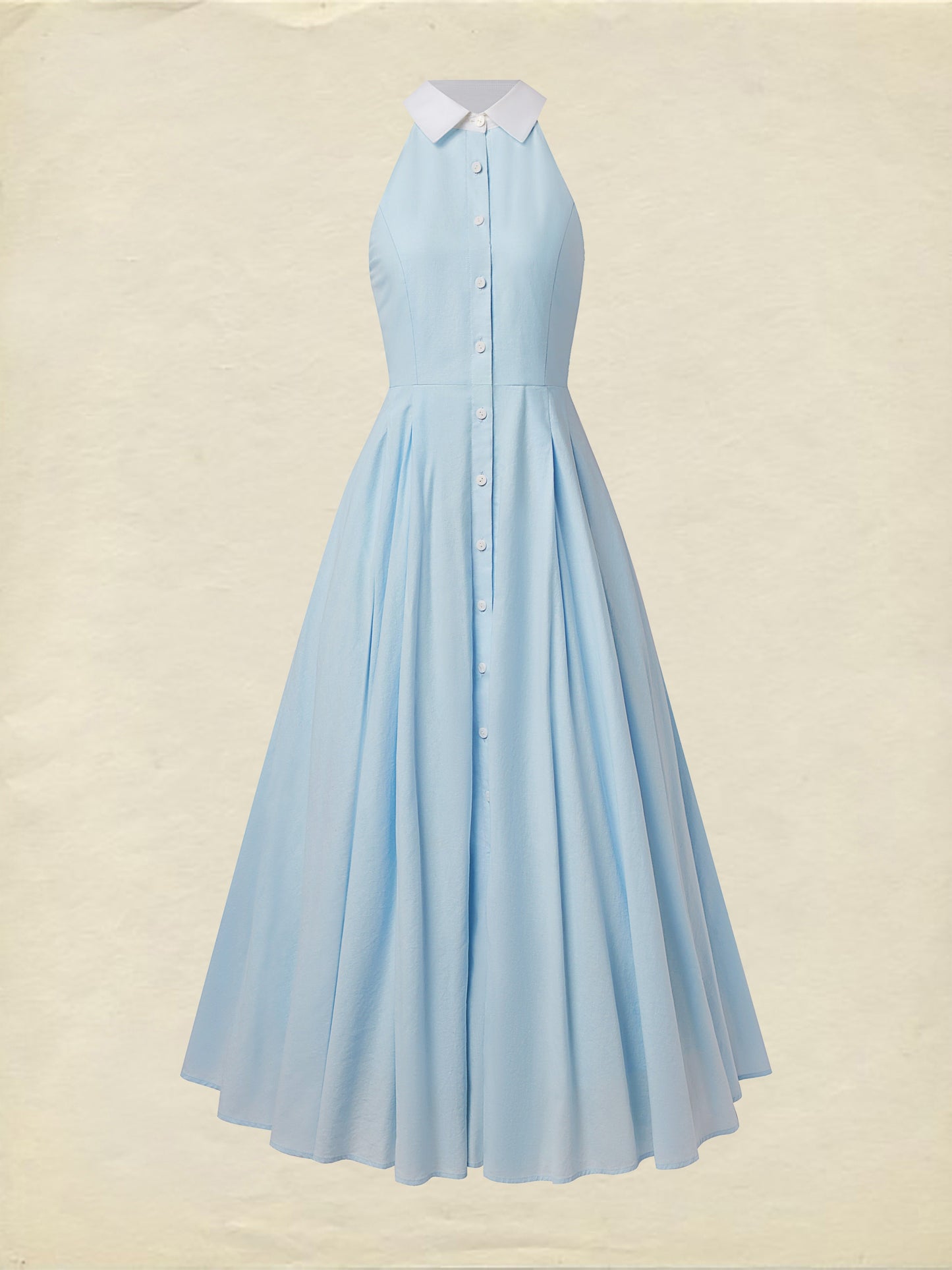 Robe longue en lin, sans manches, col châle, unie, boutonnée, style vintage, bleue