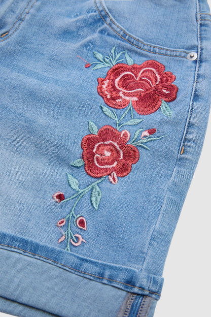 Roll Hem Floral Embroidery Mid Waist Denim Shorts