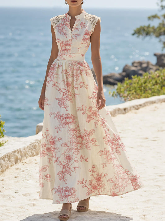 (TAILLE:XS-XXL) Robe longue en lin, manches courtes, col montant, motifs floraux, dentelle, vintage, abricot