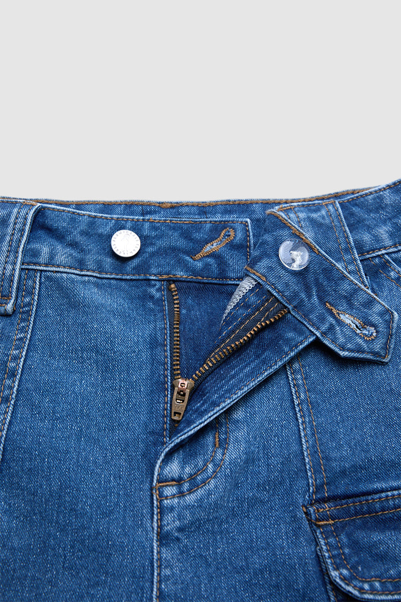Wash Flap Pocket Mid Rise Denim Shorts