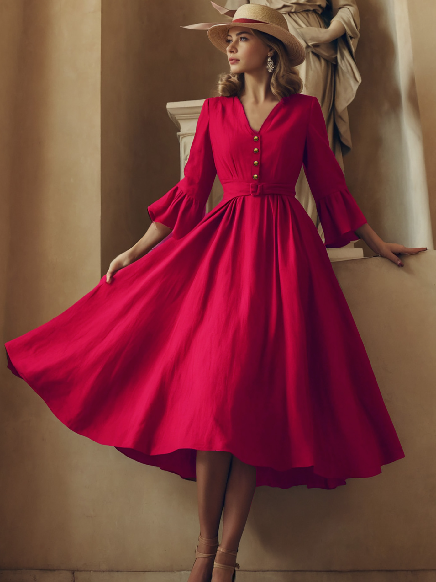 Robe longue en lin, manches 3/4, col en V, style vintage inspiré de Jane, pour tea party, mélange de lin, rouge, ceinture