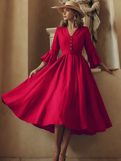 Robe longue en lin, manches 3/4, col en V, style vintage inspiré de Jane, pour tea party, mélange de lin, rouge, ceinture